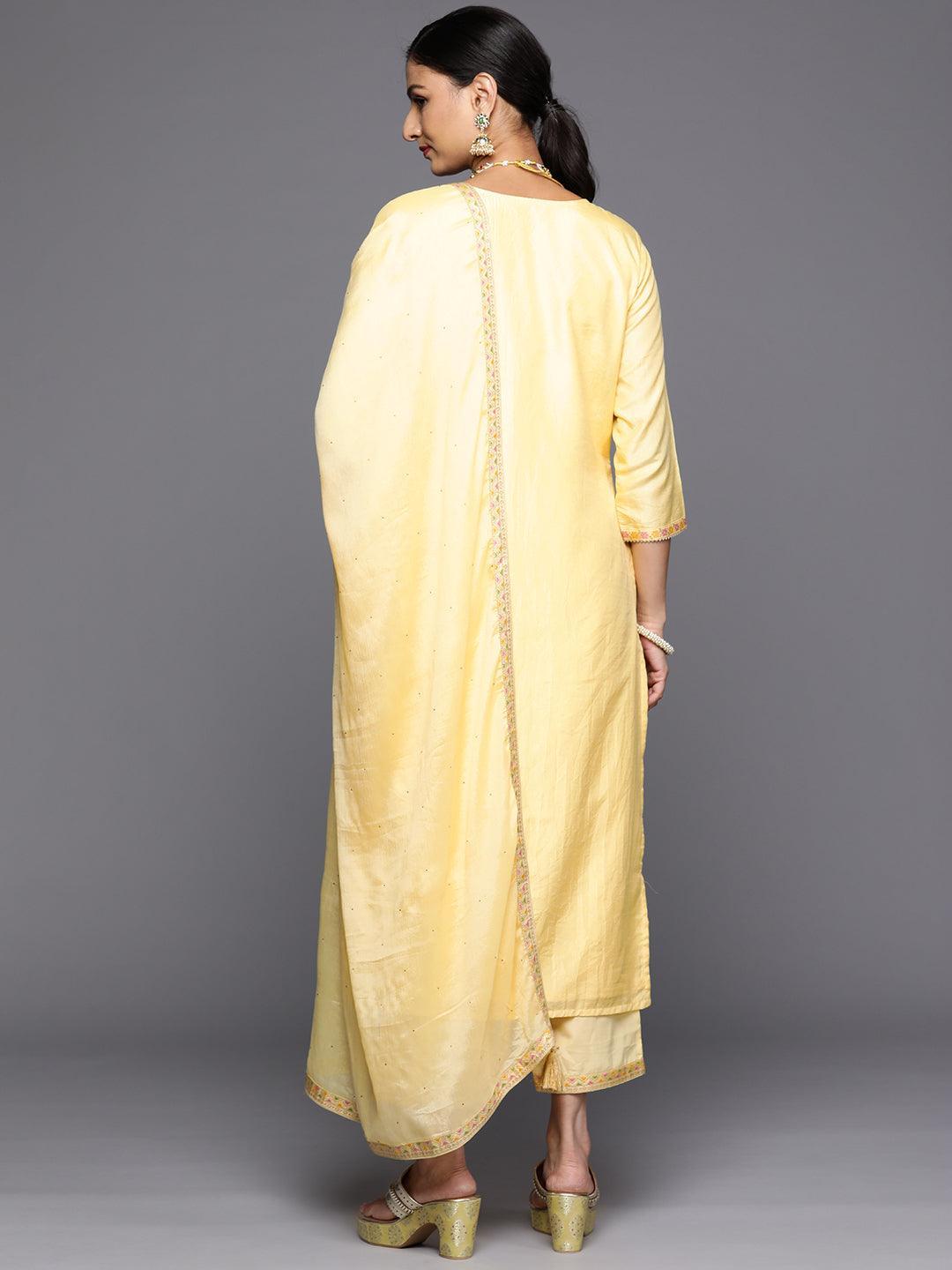 Yellow Woven Design Silk Blend Straight Kurta With Trousers & Dupatta