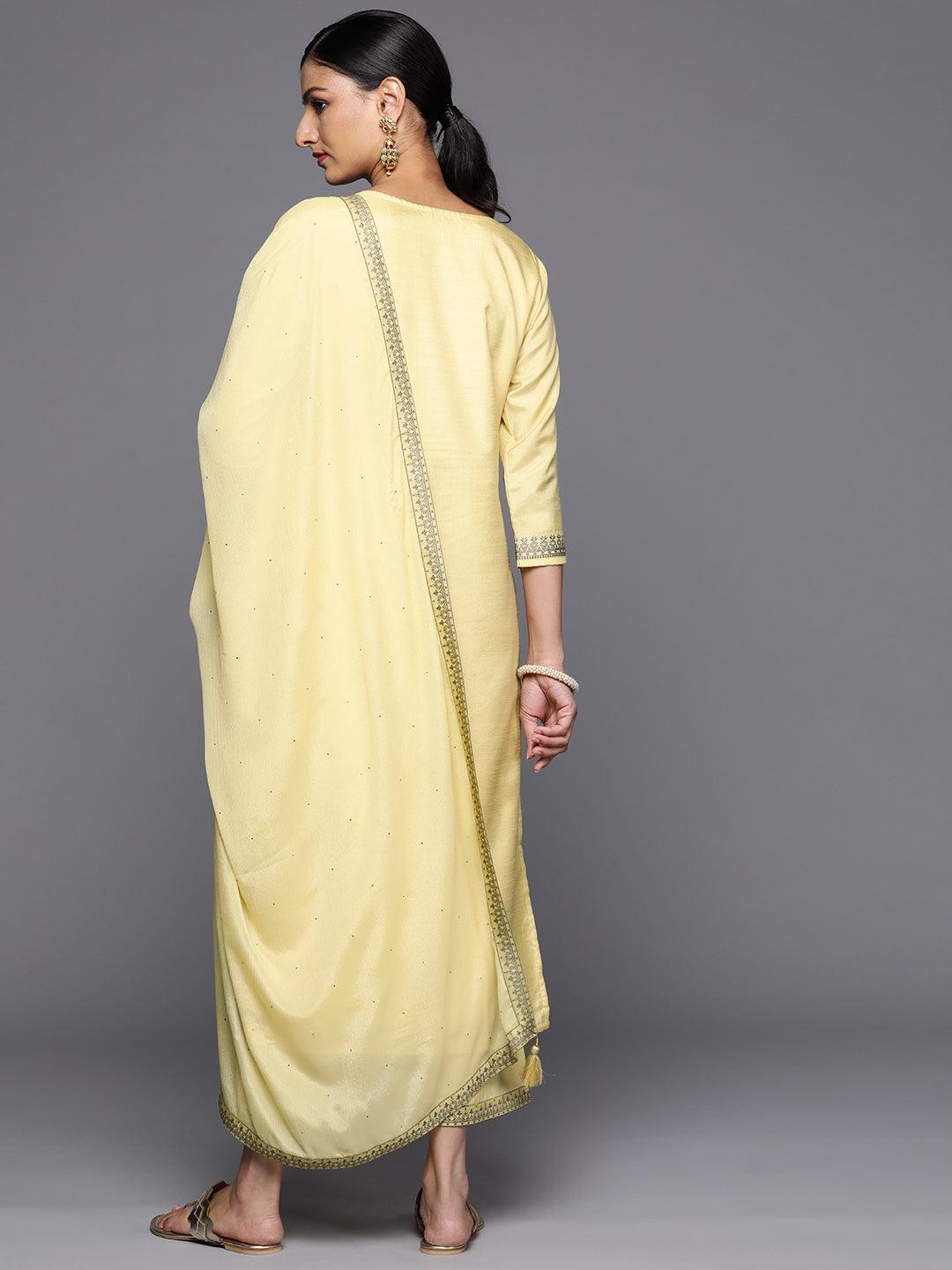 Yellow Woven Design Silk Blend Straight Kurta With Trousers & Dupatta - Libas