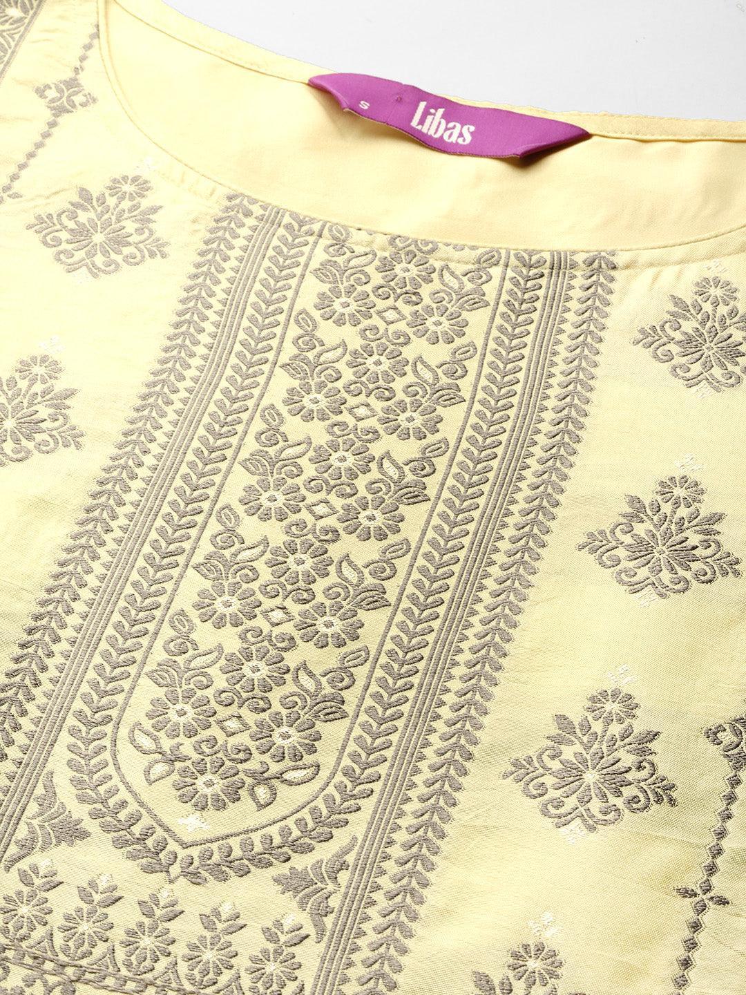 Yellow Woven Design Silk Blend Straight Kurta With Trousers & Dupatta