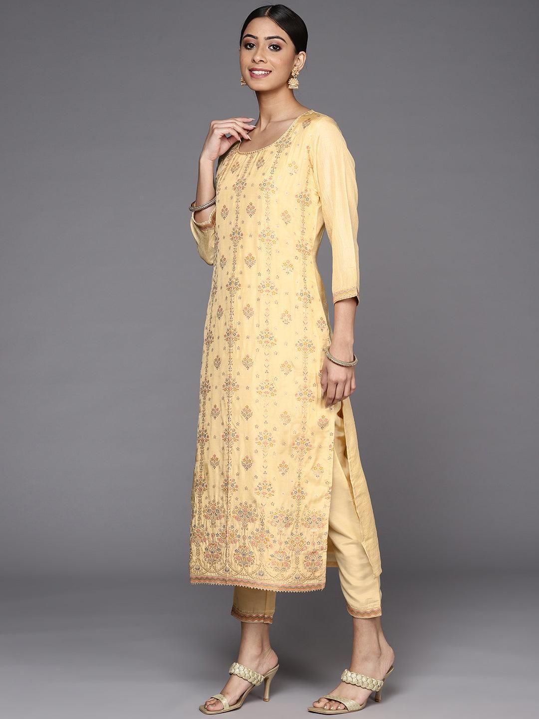 Yellow Woven Design Silk Suit Set - ShopLibas