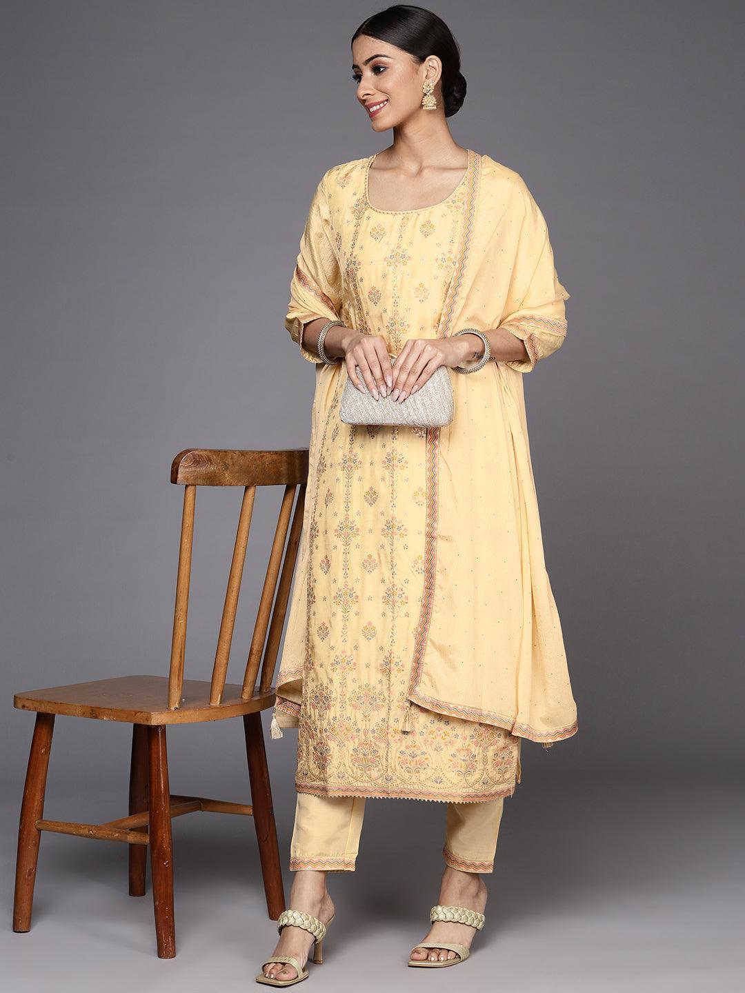 Yellow Woven Design Silk Suit Set - ShopLibas