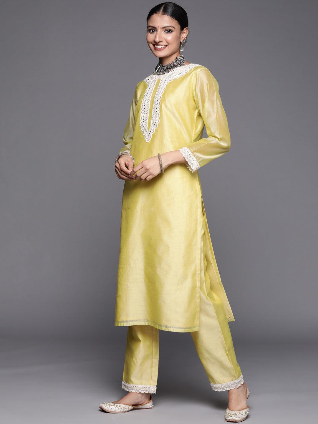 Yellow Yoke Design Chanderi Silk Straight Suit Set - ShopLibas
