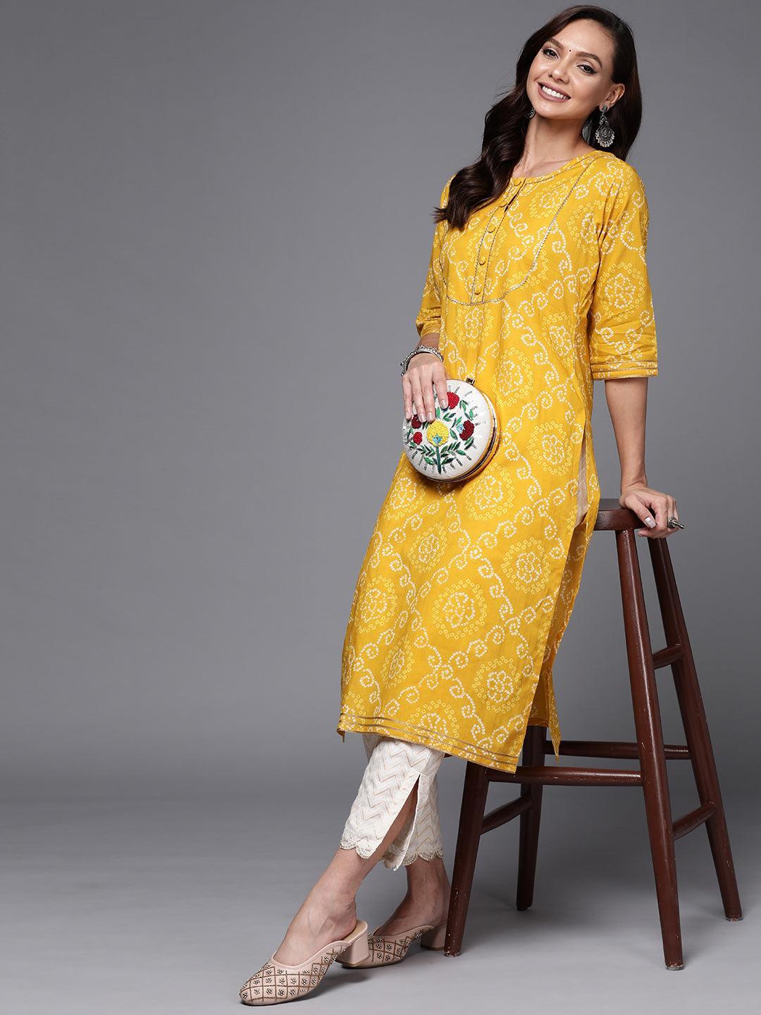 Yellow Yoke Design Cotton Straight Kurta