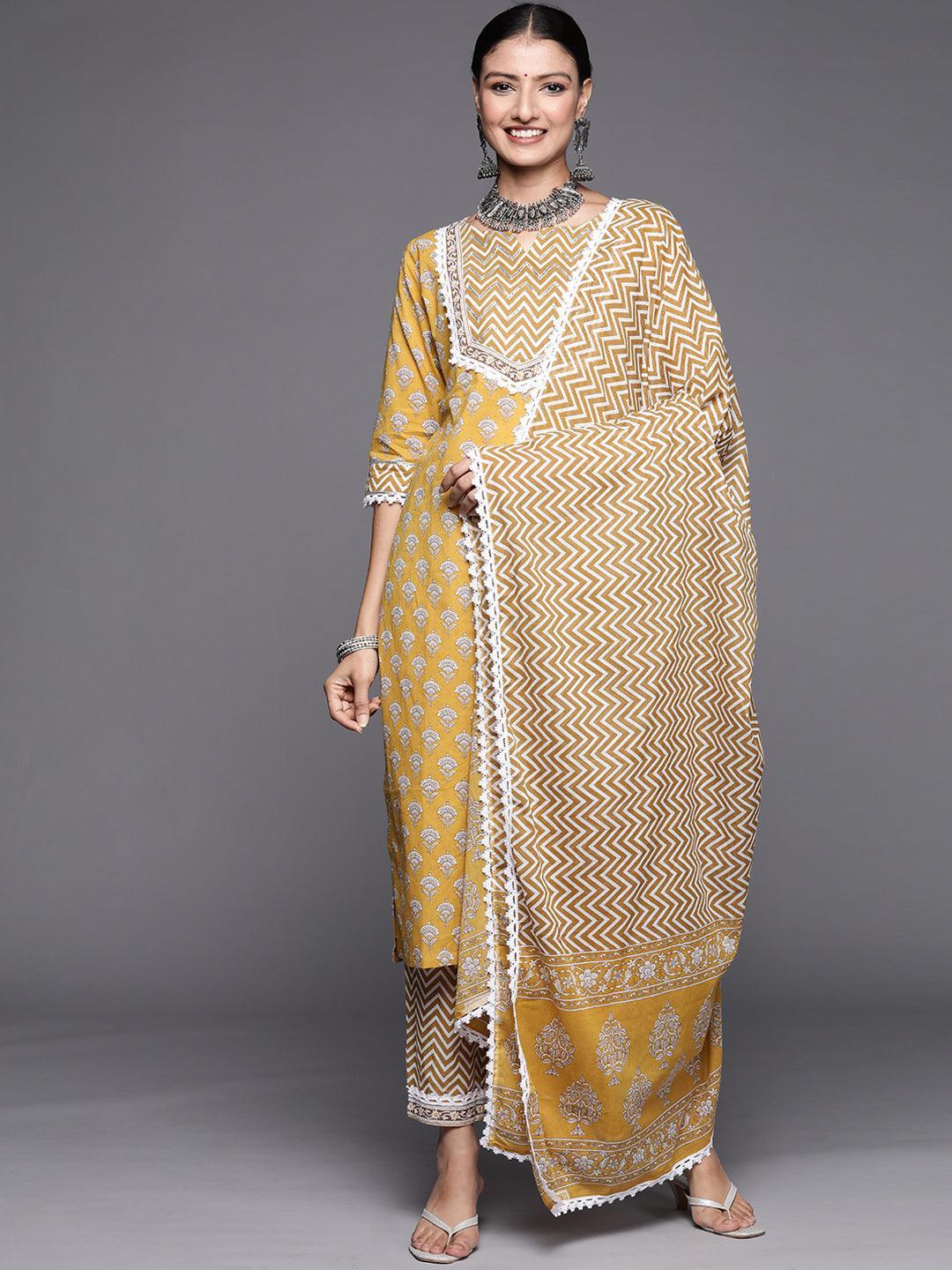 Yellow Yoke Design Cotton Straight Suit Set