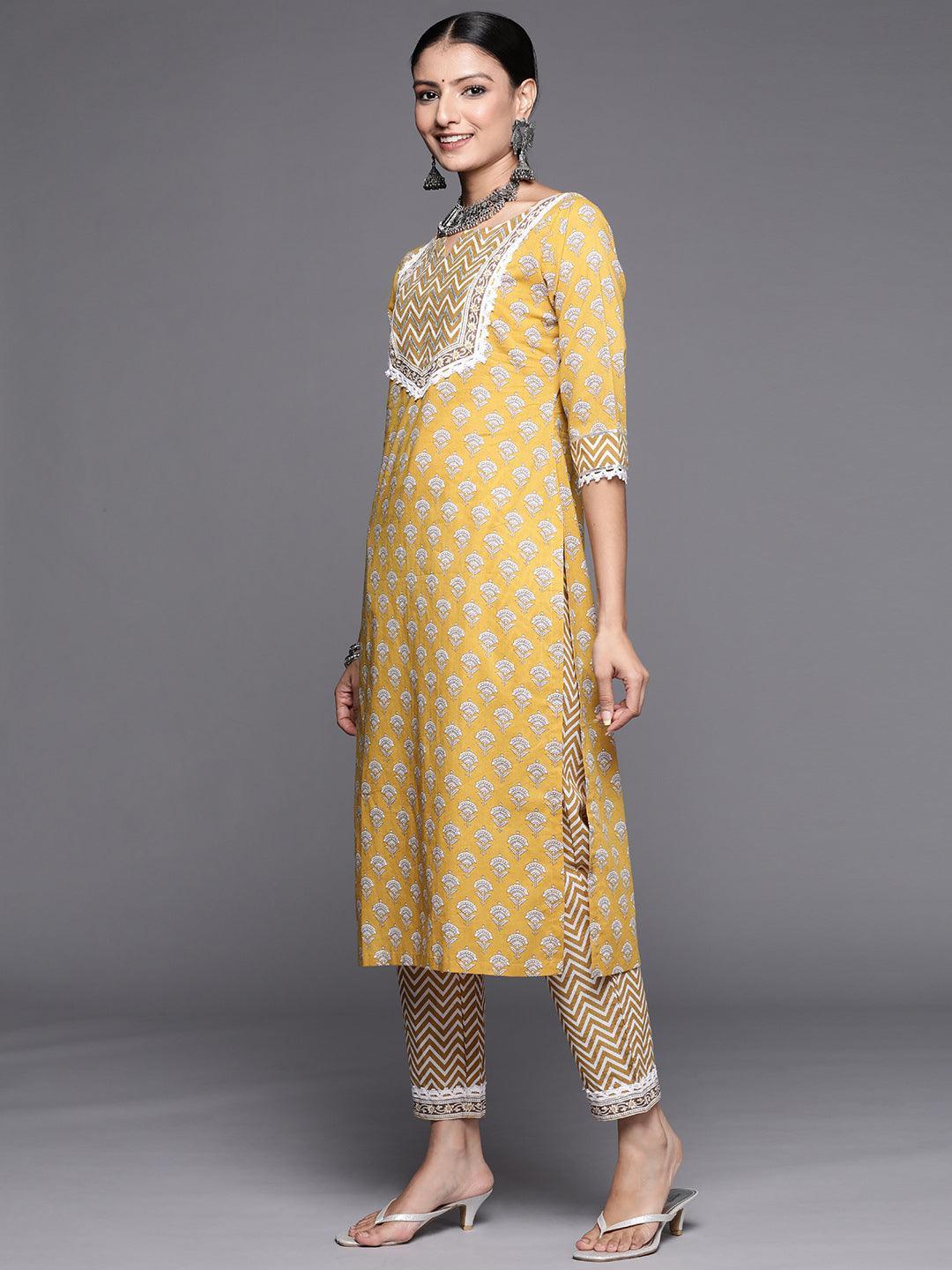 Yellow Yoke Design Cotton Straight Suit Set