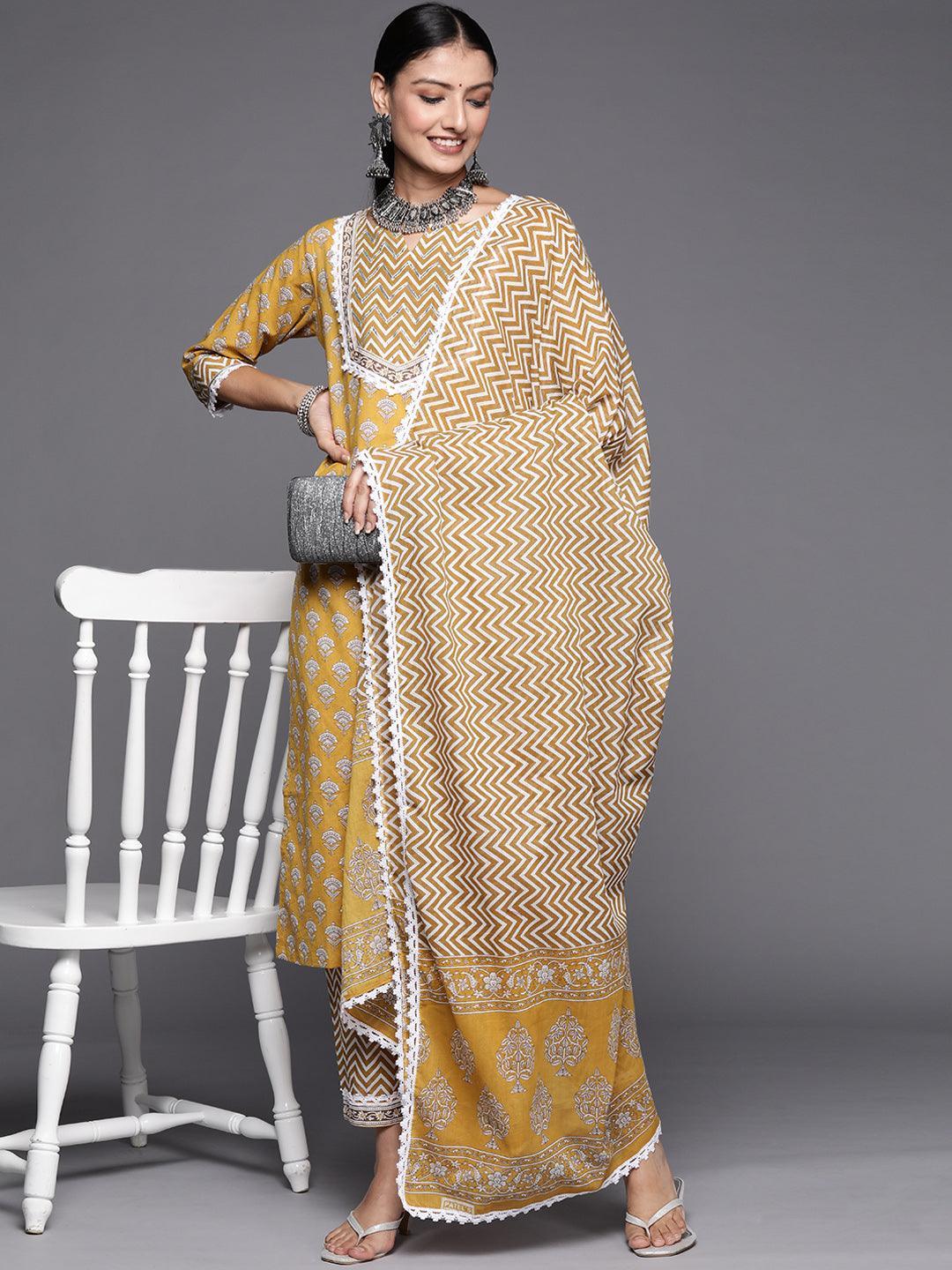 Yellow Yoke Design Cotton Straight Suit Set