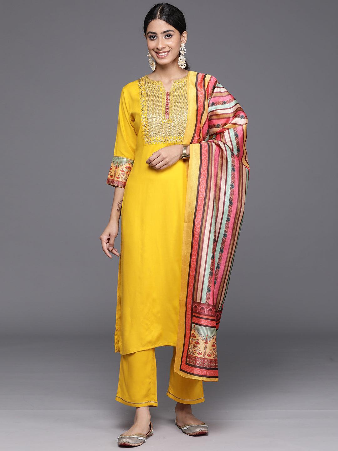 Yellow Yoke Design Rayon Straight Kurta With Trousers & Dupatta