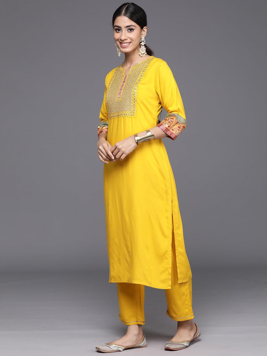 Yellow Yoke Design Rayon Straight Kurta With Trousers & Dupatta - Libas