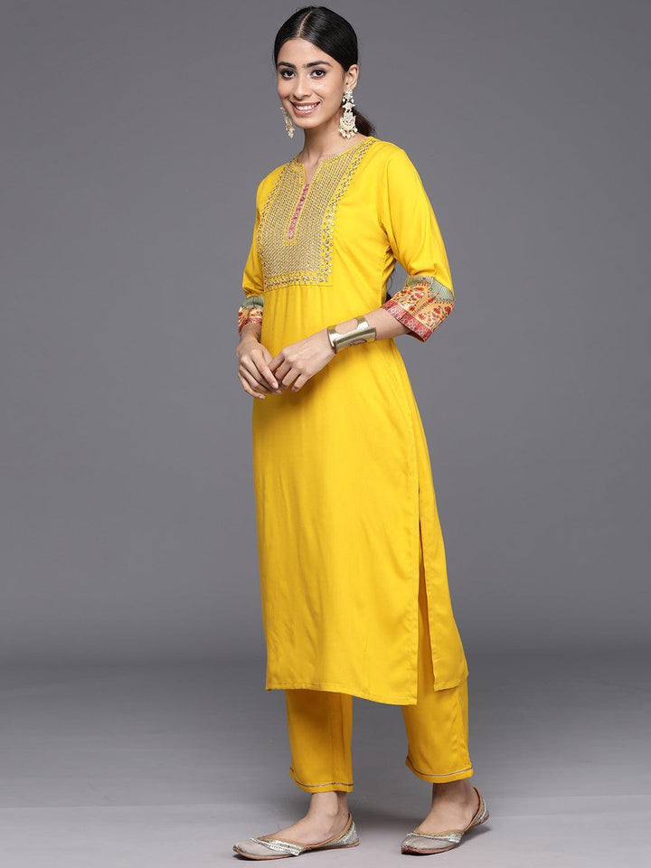 Yellow Yoke Design Rayon Straight Kurta With Trousers & Dupatta - Libas