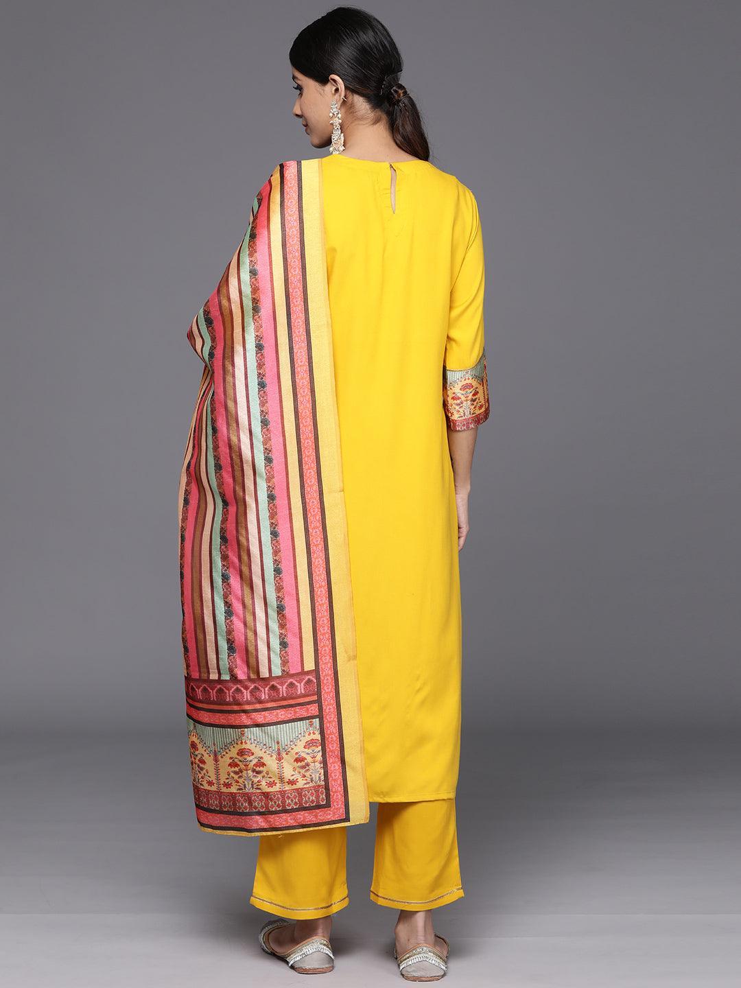 Yellow Yoke Design Rayon Straight Kurta With Trousers & Dupatta