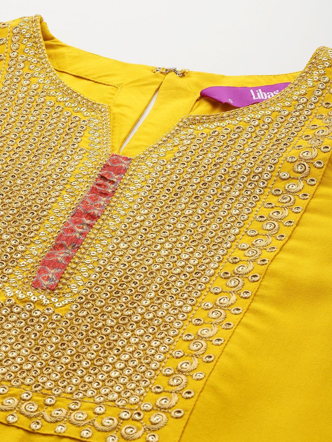 Yellow Yoke Design Rayon Straight Kurta With Trousers & Dupatta