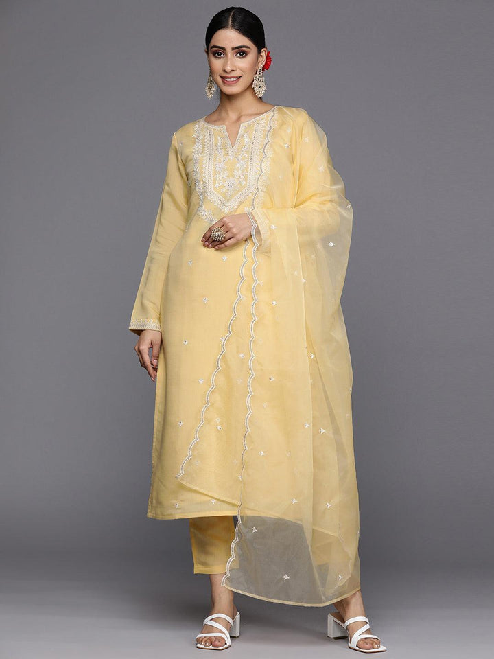 Yellow Yoke Design Silk Blend Straight Suit Set With Trousers - ShopLibas