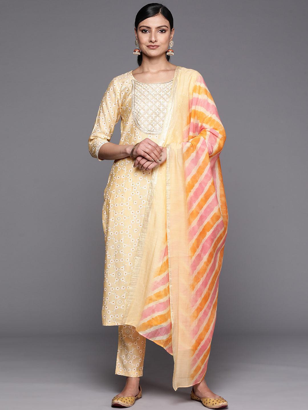 Yellow Yoke Design Silk Blend Straight Suit Set With Trousers - ShopLibas