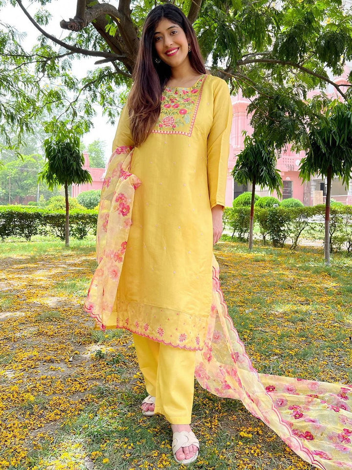 Yellow Yoke Design Silk Blend Straight Kurta With Trousers & Dupatta - Libas