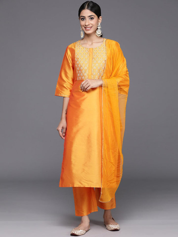 Yellow Yoke Design Silk Blend Straight Kurta With Trousers & Dupatta - Libas