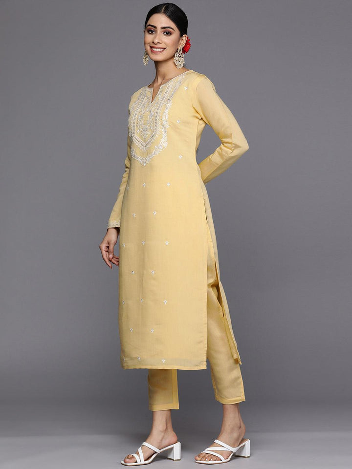 Yellow Yoke Design Silk Blend Straight Suit Set With Trousers - ShopLibas