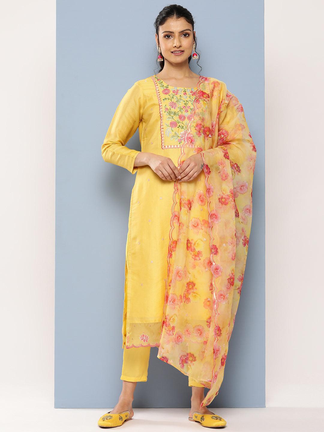 Yellow Yoke Design Silk Blend Straight Suit Set With Trousers - Libas