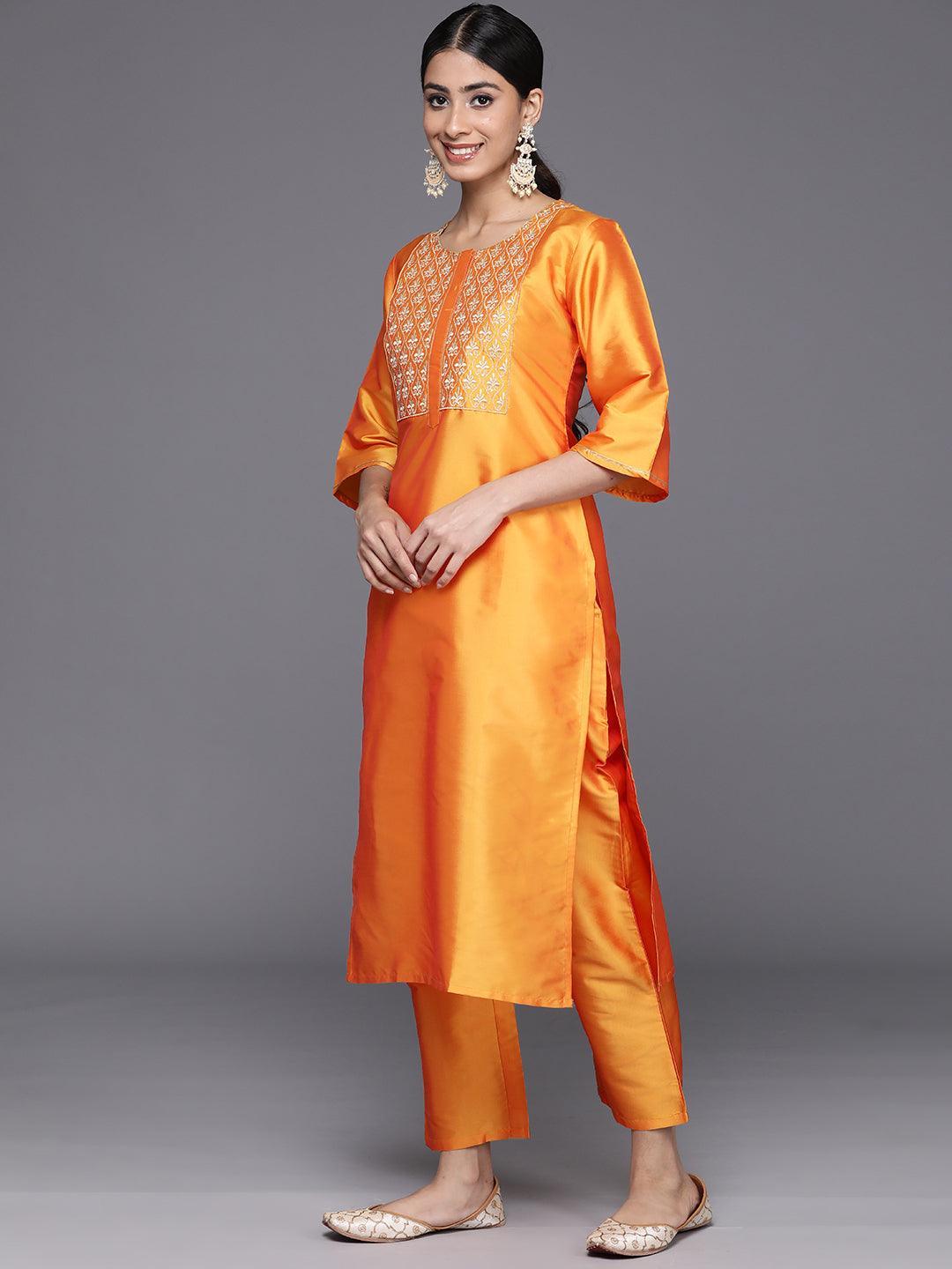 Yellow Yoke Design Silk Blend Straight Kurta With Trousers & Dupatta