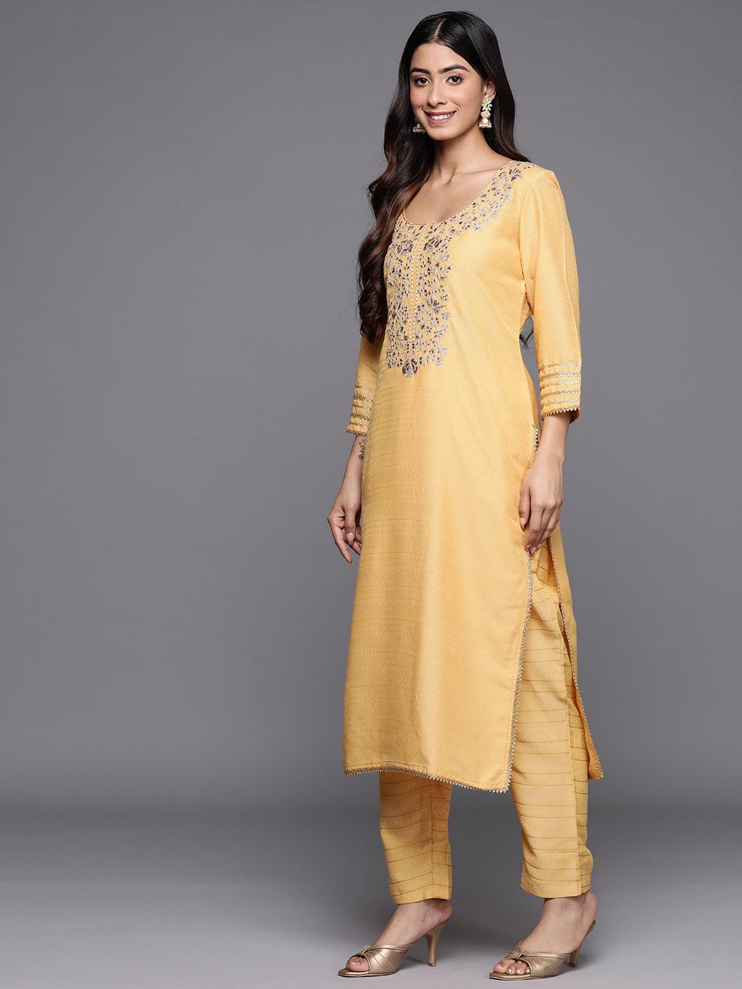 Yellow Yoke Design Silk Blend Straight Suit Set With Trousers