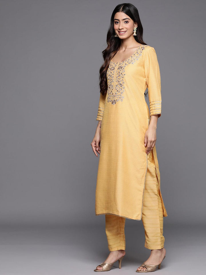 Yellow Yoke Design Silk Blend Straight Suit Set With Trousers - ShopLibas