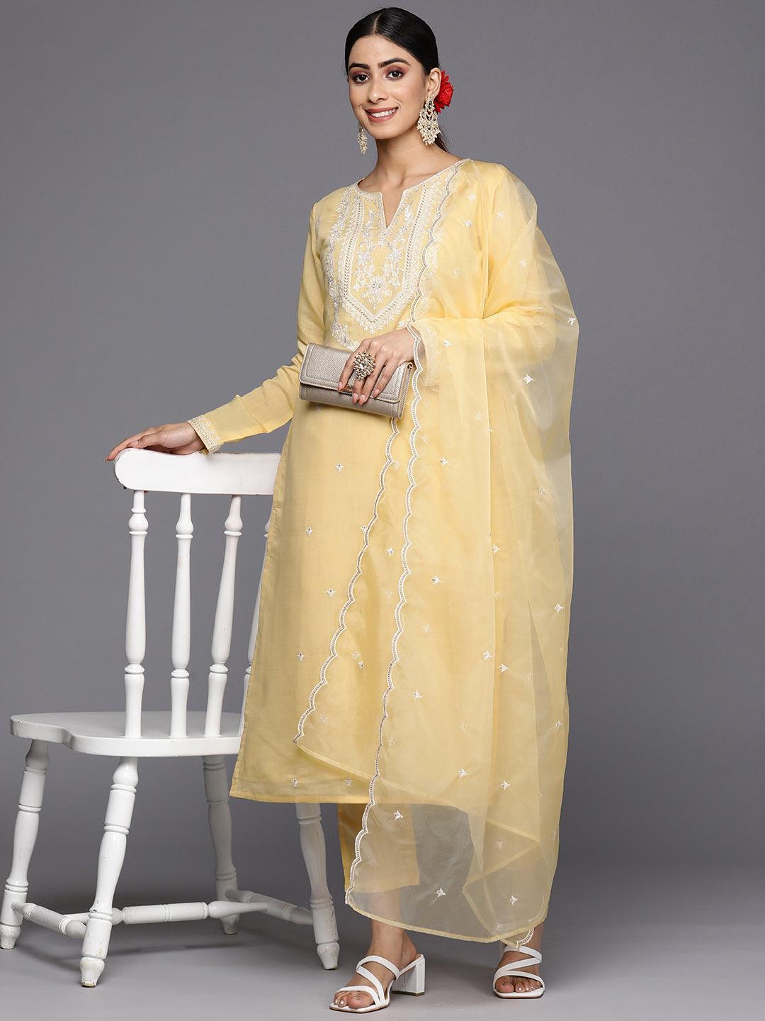 Yellow Yoke Design Silk Blend Straight Suit Set With Trousers - ShopLibas