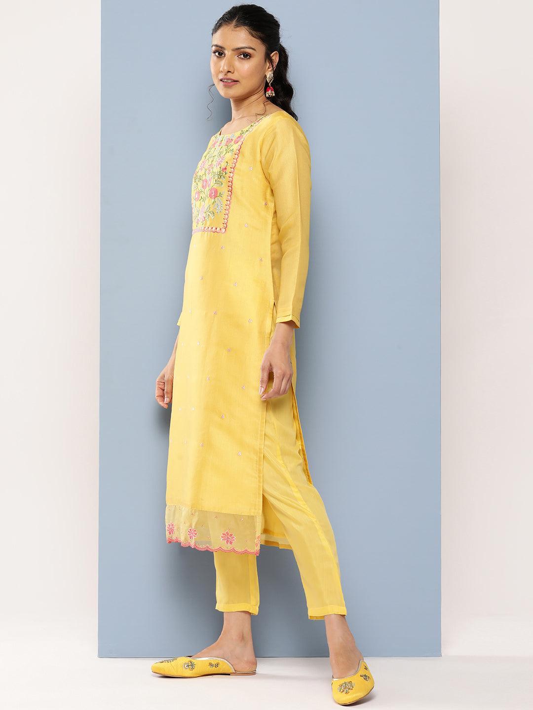 Yellow Yoke Design Silk Blend Straight Suit Set With Trousers - Libas