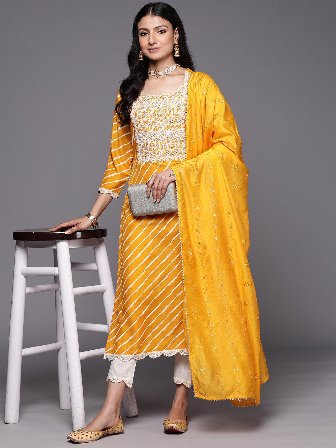 Yellow Yoke Design Silk Blend Straight Suit Set With Trousers - ShopLibas