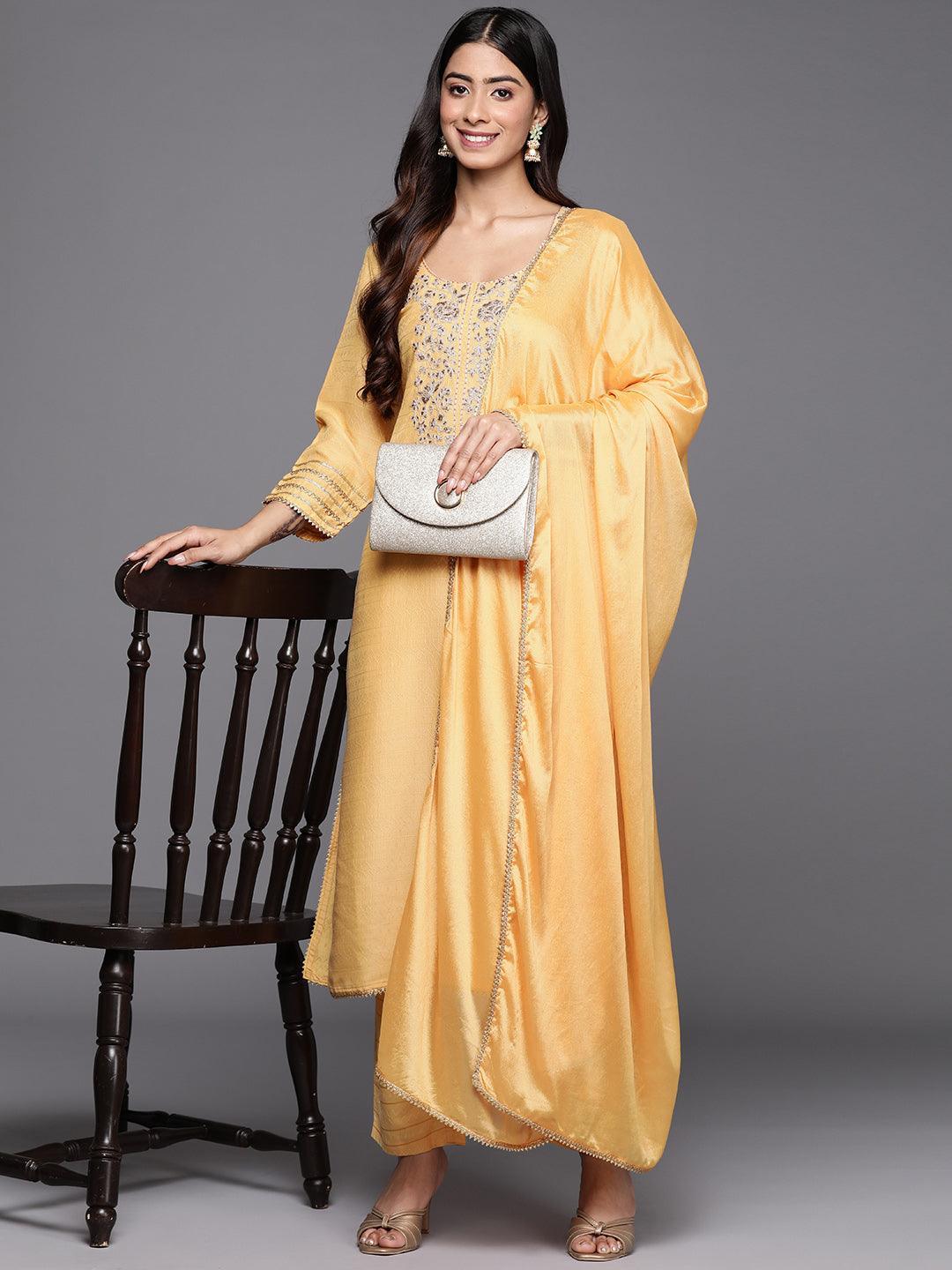 Yellow Yoke Design Silk Blend Straight Suit Set With Trousers