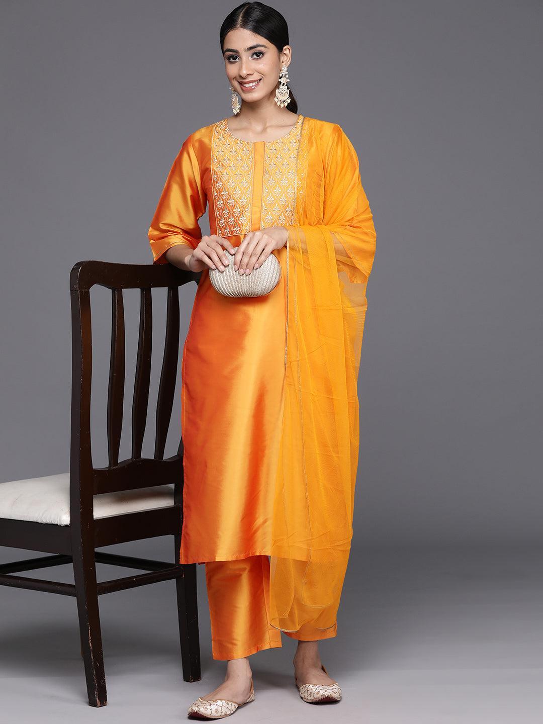 Yellow Yoke Design Silk Blend Straight Kurta With Trousers & Dupatta