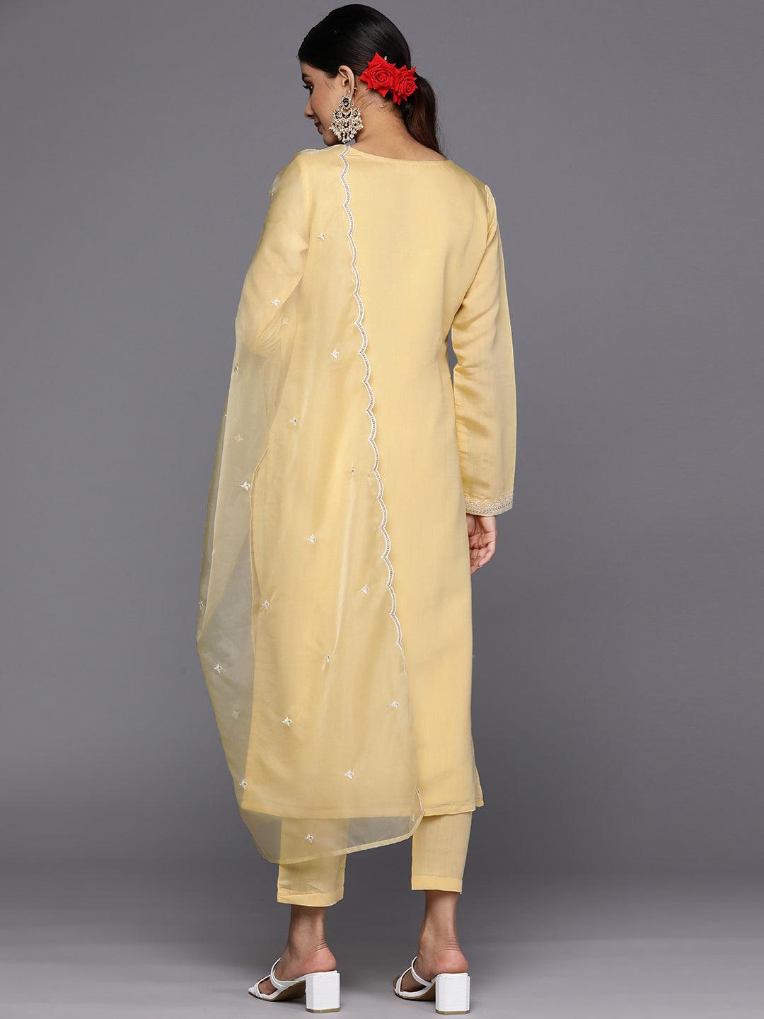 Yellow Yoke Design Silk Blend Straight Suit Set With Trousers - ShopLibas