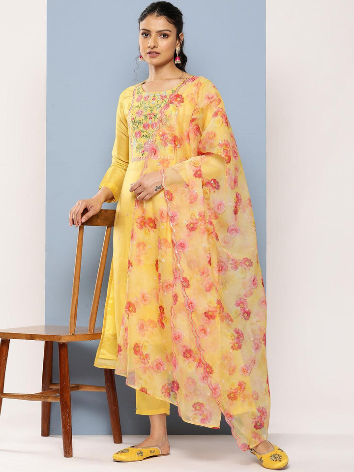 Yellow Yoke Design Silk Blend Straight Suit Set With Trousers - Libas