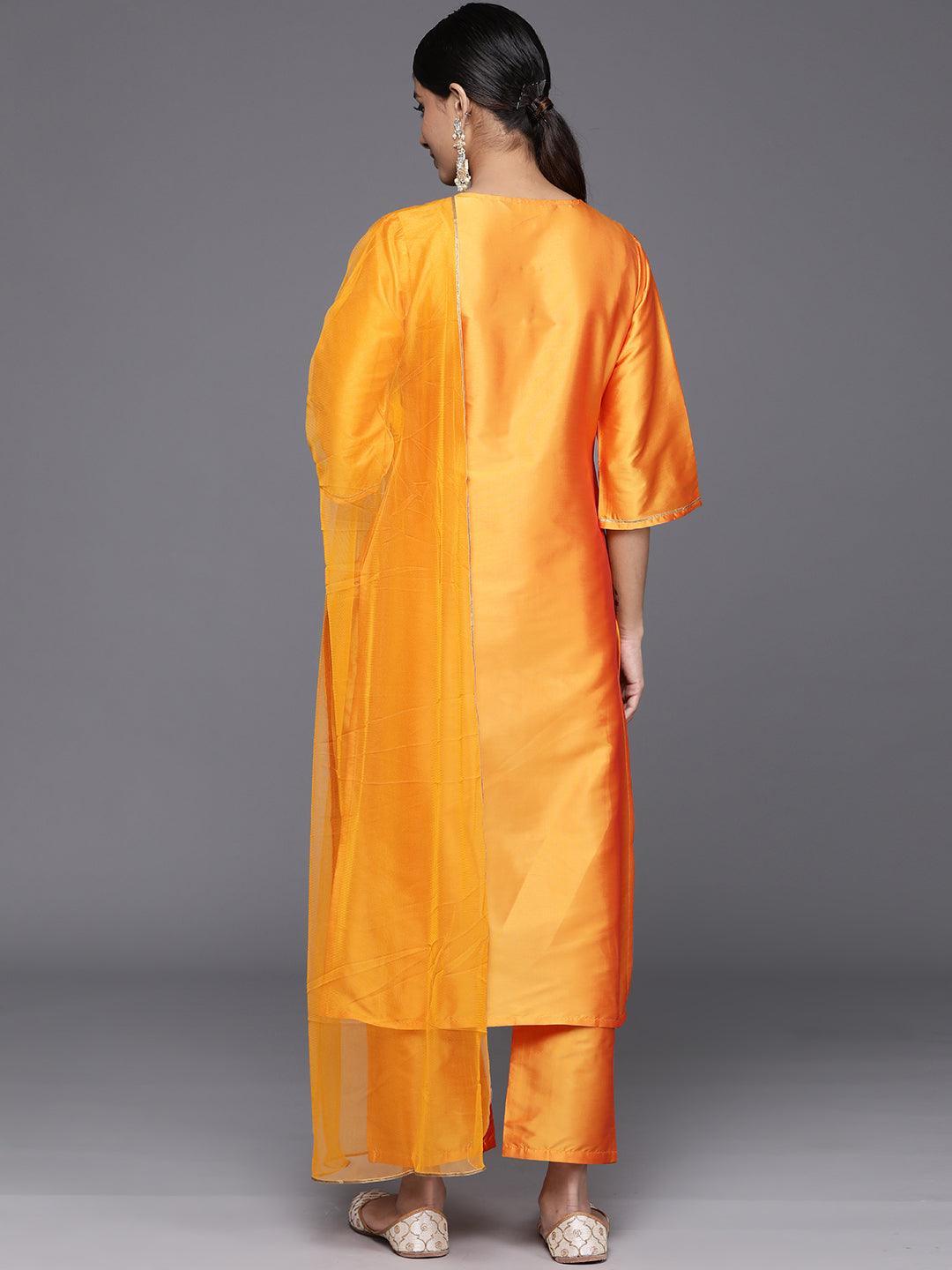 Yellow Yoke Design Silk Blend Straight Kurta With Trousers & Dupatta