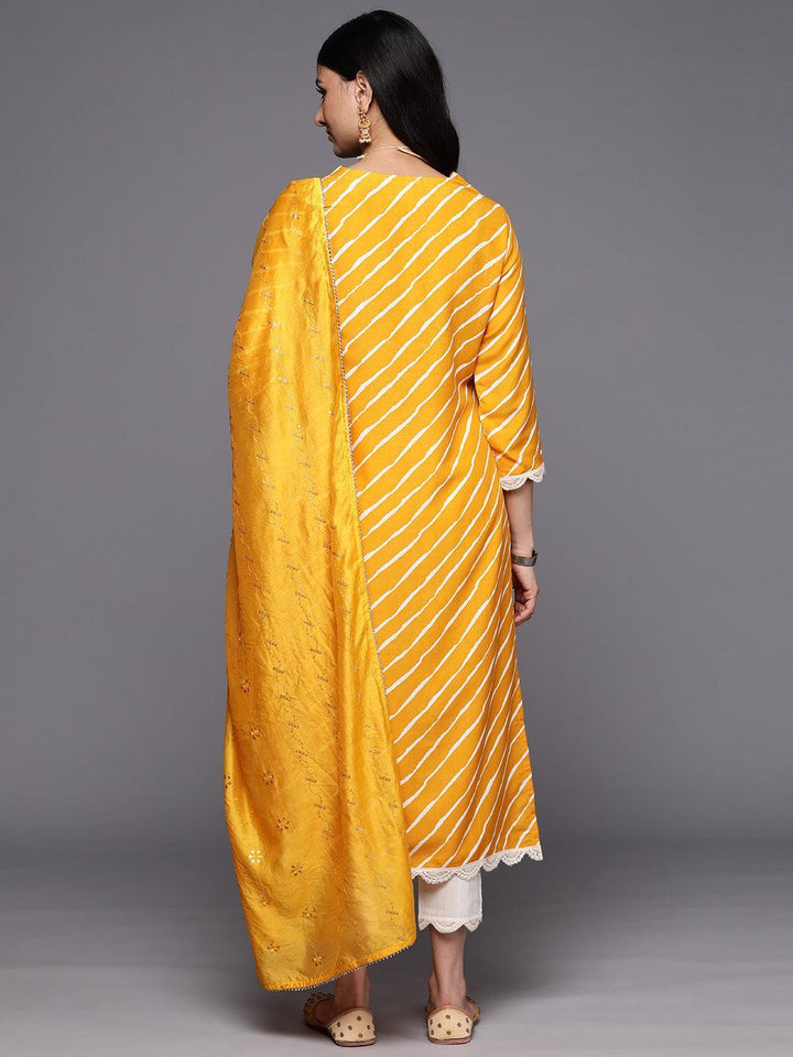 Yellow Yoke Design Silk Blend Straight Suit Set With Trousers - ShopLibas