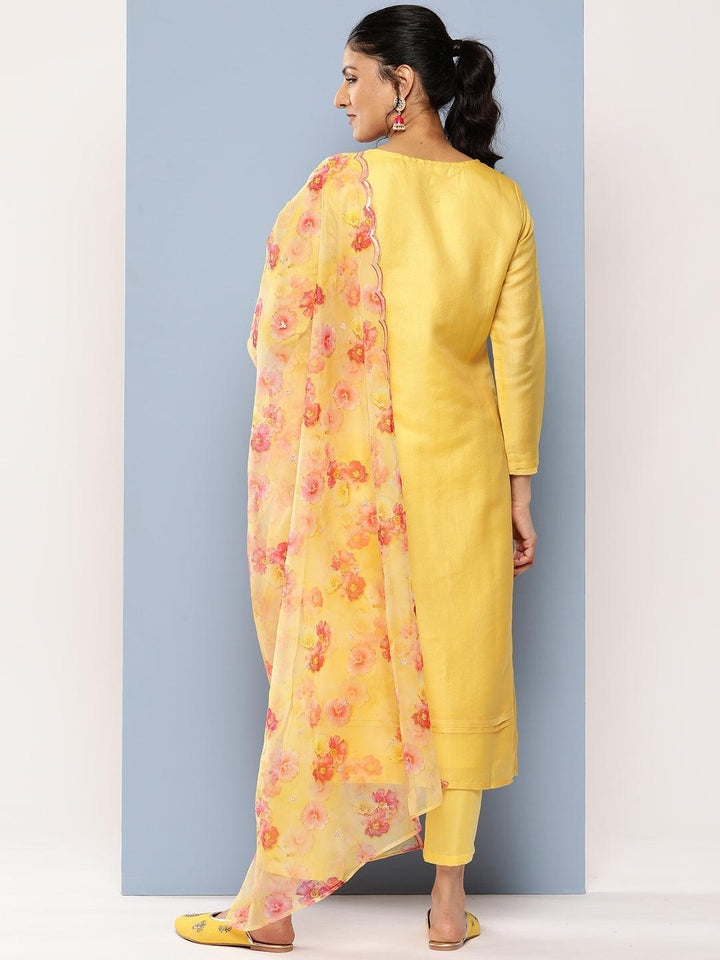 Yellow Yoke Design Silk Blend Straight Suit Set With Trousers - Libas