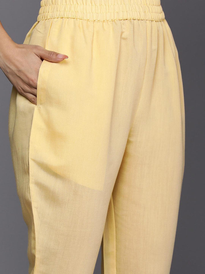 Yellow Yoke Design Silk Blend Straight Suit Set With Trousers - ShopLibas