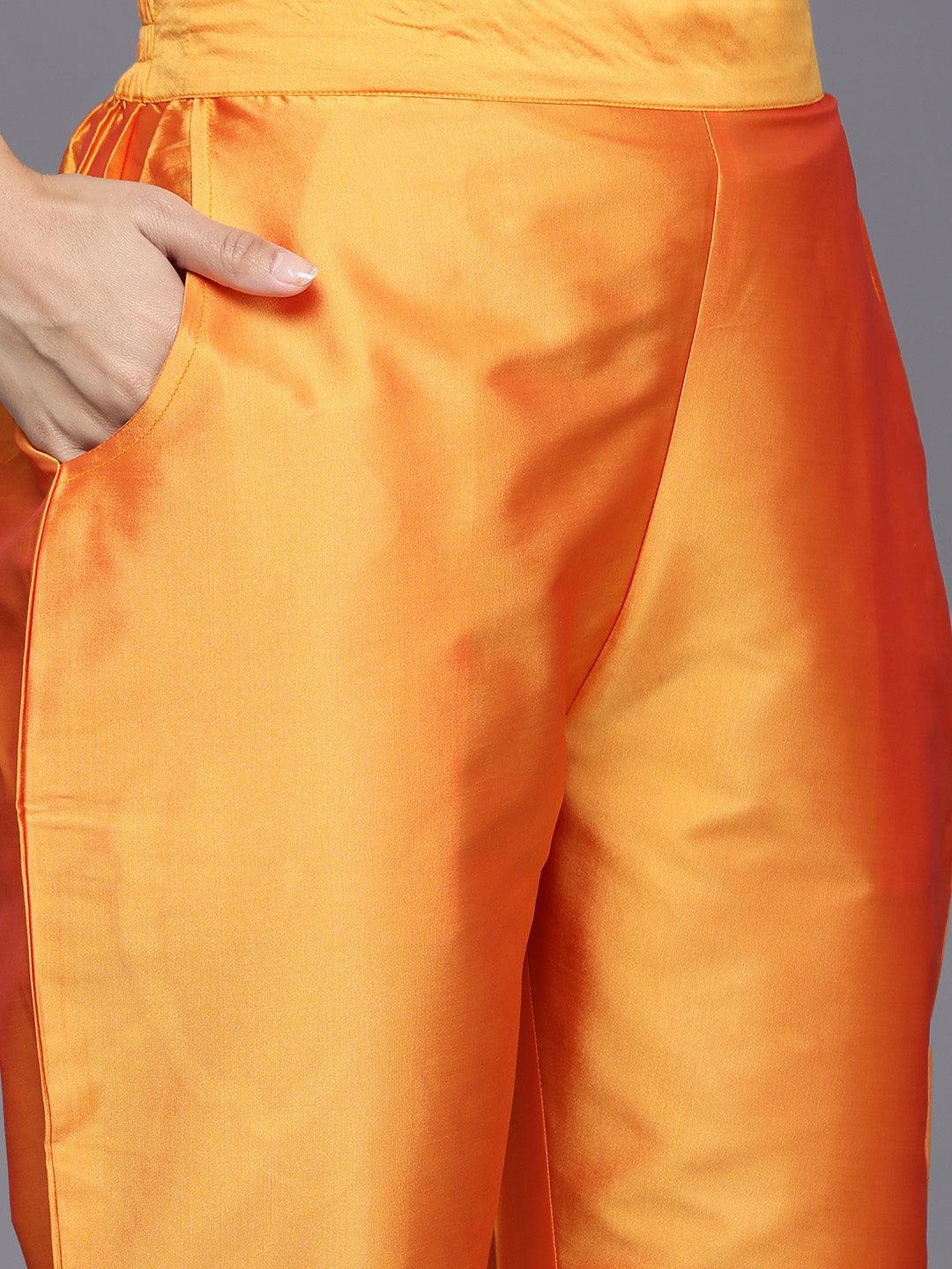 Yellow Yoke Design Silk Blend Straight Kurta With Trousers & Dupatta