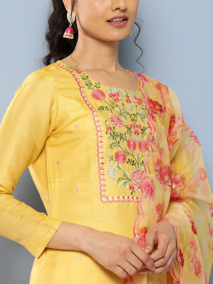 Yellow Yoke Design Silk Blend Straight Suit Set With Trousers - Libas