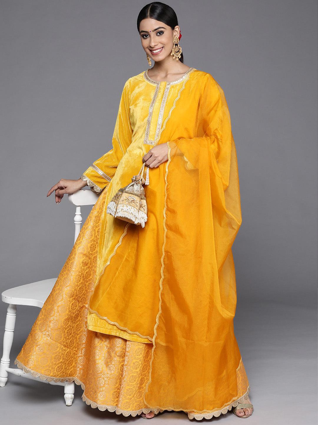 Yellow Yoke Design Velvet Straight Kurta With Skirt & Dupatta